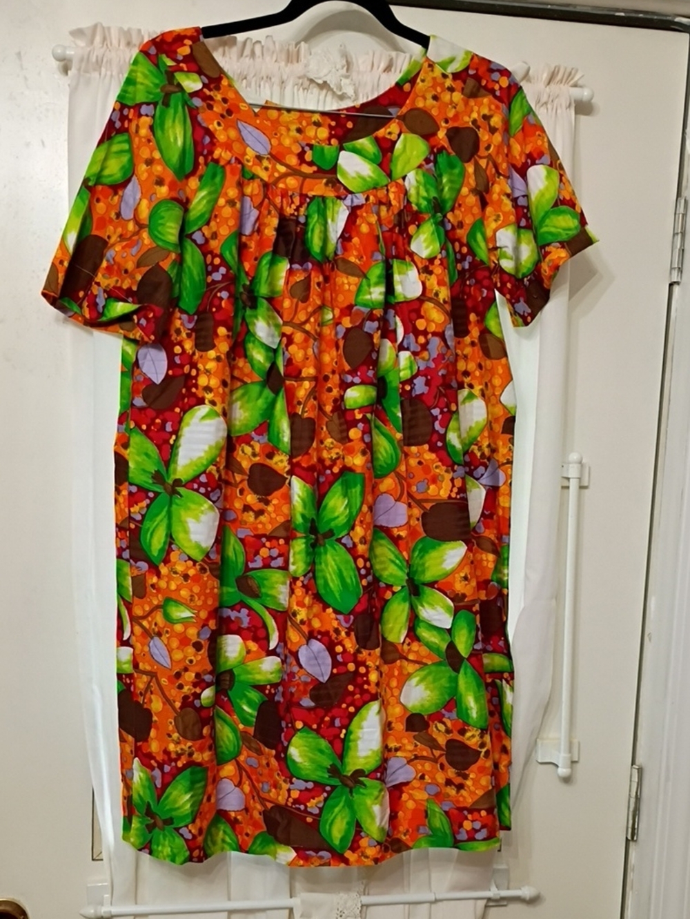 Vibrant Orange Green Floral Mini Dress/Tunic Retro Muumuu